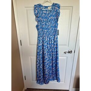 Melloday Maxi Dress Blue Pink Floral Print Smocked Ruffle Sleeveless Dress